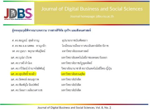 ได้รับเชิญเป็นผู้ทรงคุณวุฒิพิจารณาบทความ (Peer Review) วารสารวิชาการรังสิตบัณฑิตในกลุ่มสังคมศาสตร์ (Journal of Digital Business and Social Sciences: JRGBS) (19-9-65)