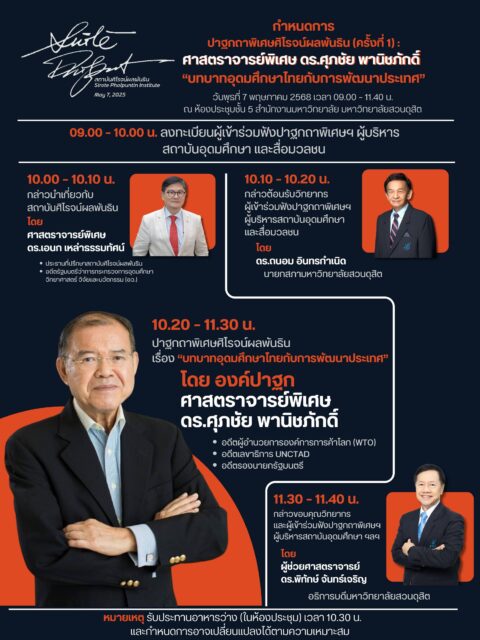 เข้าร่วมฟัง ปาฐกถาพิเศษศิโรจน์ผลพันธิน ครั้งที่ 1 “บทบาทอุดมศึกษาไทยกับการพัฒนาประเทศ” (7พ.ค.68)